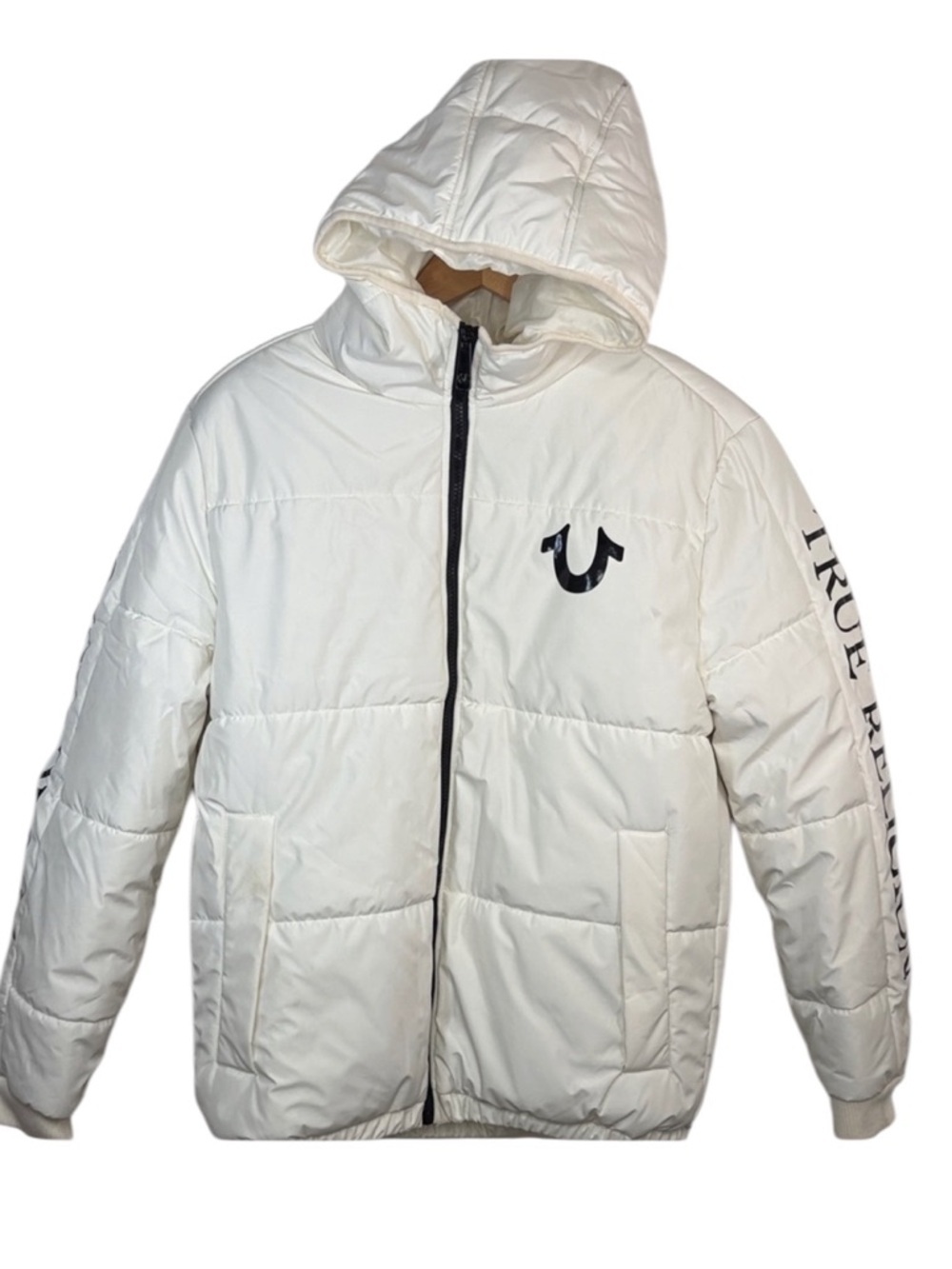 True Religion Panel White Spell Out Puffer Hood Jacket Women Size M BLEMISH